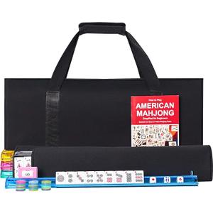 American Mahjong Game Set, 166 Premium White Tiles, 4 All-in-One Color Rack/Pushers, Classic Complete Mahjong Tile Set with Black Carrying Bag