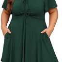 Manllenshie Women's Plus Size Dresses Casual Flowy Dress with Pocket Short Ruffle Sleeve V Neck Drawstring Bow Summer, Size 3X