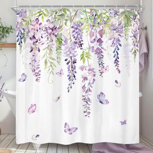 Riyidecor Purple Lavender Shower Curtain 72Wx72H Inch Lilac Spring Floral Wisteria Botany Rustic Green Leaves Watercolor Butterfly Women Girls Bathroom Decor Fabric Polyester Waterproof 12 Pack Hooks