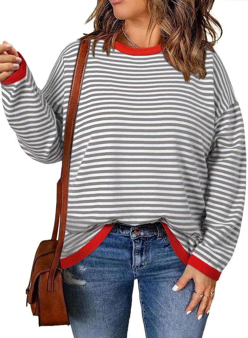 Eytino Plus Size Sweaters for Women Casual Striped Color Block Long Sleeve Round Neck Pullover Jumpers Tops(1X-5X) (Gray)