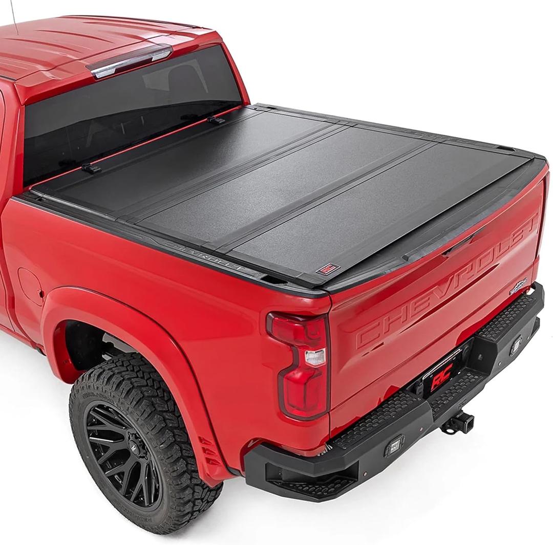 Rough Country Hard Tri-Fold Flip Up Truck Bed Tonneau Cover for Chevy Silverado & GMC Sierra 1500 (2019-2025) - Flush Aluminum Bed Cover, Fits 6'7 (79.4") Bed