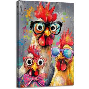 Rooster Kitchen Canvas Wall Art Funny Chicken Pictures Wall Decor Rustic Farmhouse Animal Paintings for Kitchen Farm Kids Room Decor Framed(Rooster-3,16.00" x 24.00")