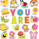 54Pcs Spring Cartoon Positive Cutouts Motivational Sayings Paper Cutting with 100Pcs Glue Points for Party Classroom Bulletin Board Craft Wall Decor