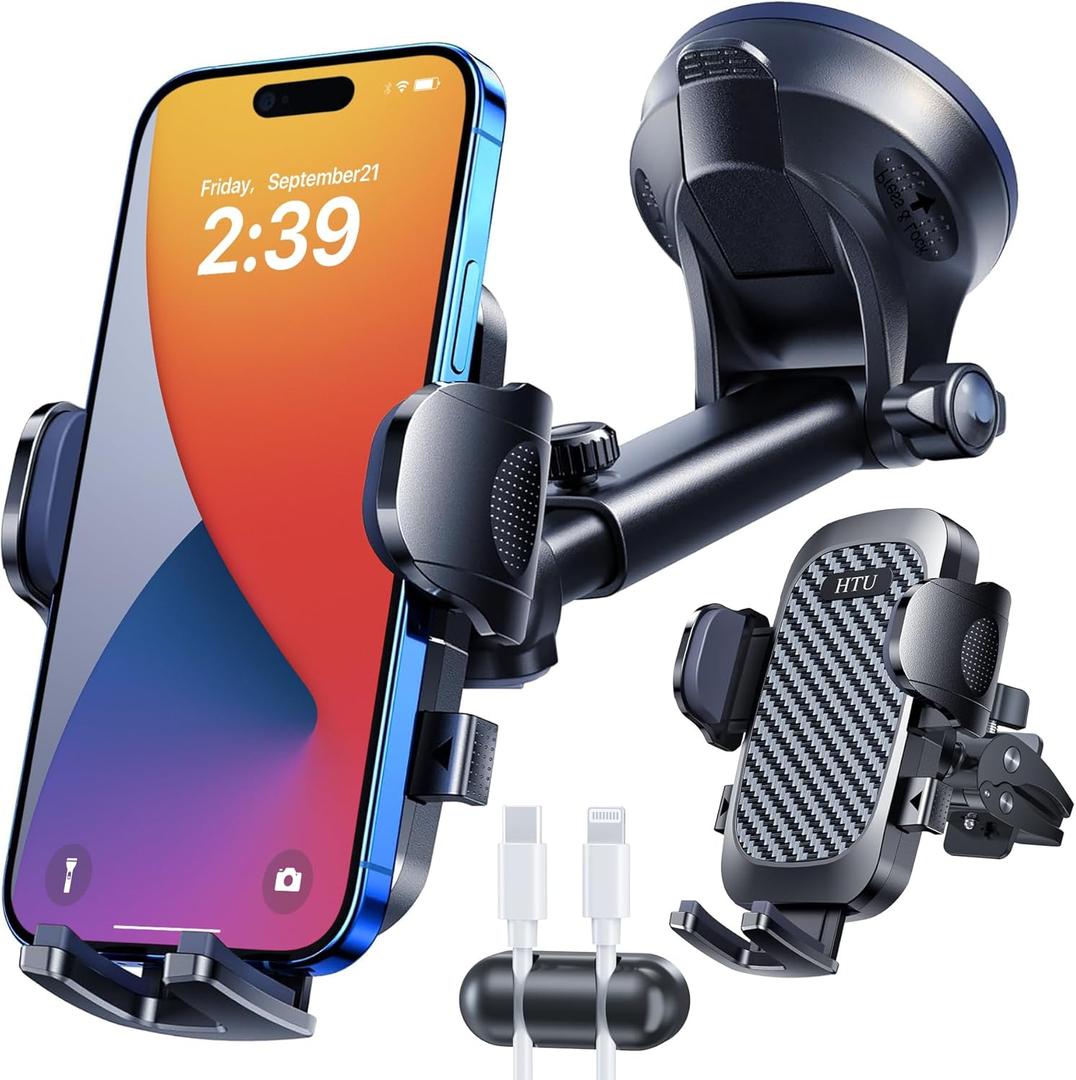 HTU 2025 Best Car Phone HolderUltimate 5-in-1 & Upgraded 100+LBS Strongest SuctionTrue Military-Grade & Safety Cert Windshield Phone Mount, Dashboard Vent Stand for iPhone Android & Truck, Black