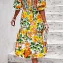 PRETTYGARDEN Women's Summer Casual Dresses 2026 Spring Puff Sleeve Square Neck A Line Flowy Boho Floral Smocked Midi Dress (L)