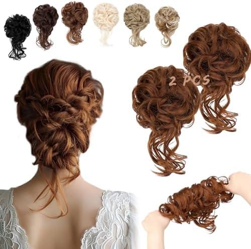 FeidyLong 2PCS Messy Bun Hair Piece Tousled Updo with Tendrils Wavy Curly Hair Bun Scrunchies Ponytail Extension Elastic Band Hairpieces For Women (Light Auburn)