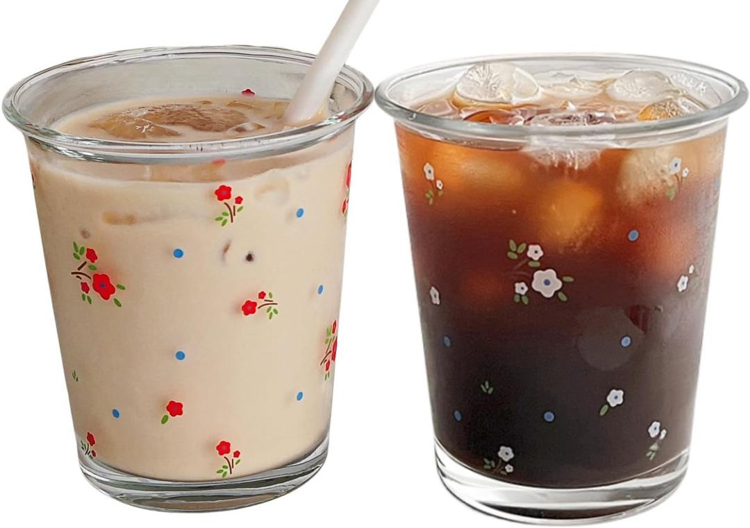 Set of 2 12 OZ Floral Drinking Glasses French Glass Coffee Cup Cute Flower Glass Cups for Iced Coffee,Tea,Juice,Latte,Milk,Dessert,Stackable Glassware Drinkware Set(red white)