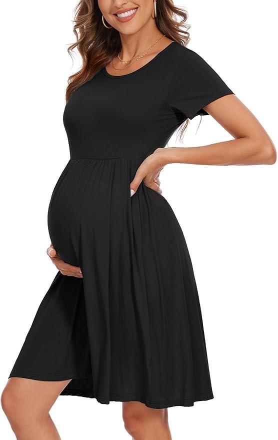 Women's Short Sleeve Maternity Dress Patchwork Pregnancy Clothes with Pockets, Size Larg