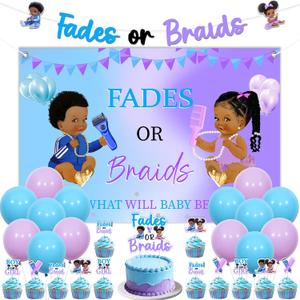 Fades or Braids Gender Reveal Decorations Purple and Blue Fades or Braids What Will Baby Be Backdrop Banner Cake Cupcake Toppers Balloons for Boy or Girl Hip Hop Baby Shower Party
