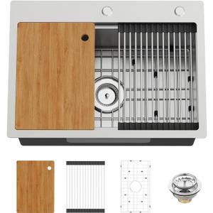 Kitchen Sink Workstation, 25x18 In Stainless Steel Drop In Modern Single Bowl Topmount Workstation Sink Combo-SS Grid,Drying Rack,Cutting Board And Drain Assembly For Various Kitchen&Bar