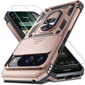 Janmitta Case Compatible with Google Pixel 10/10 Pro Built in Slide Camera Lens Cover+Screen Protector+Finger Ring Holder Kickstand,Heavy Duty Shockproof Full Body Protective Phone Cover,Rose Gold