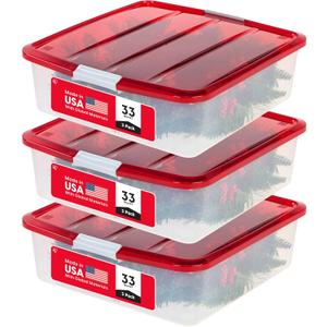 IRIS USA 33 Qt. Holiday Wreath Storage Container Box with Lid, 3-pack, Stackable Under Bed Storage Organizer Bin with Latching Buckles for 20" Wreaths Festive Holiday Decorations Garlands, Clear/Red