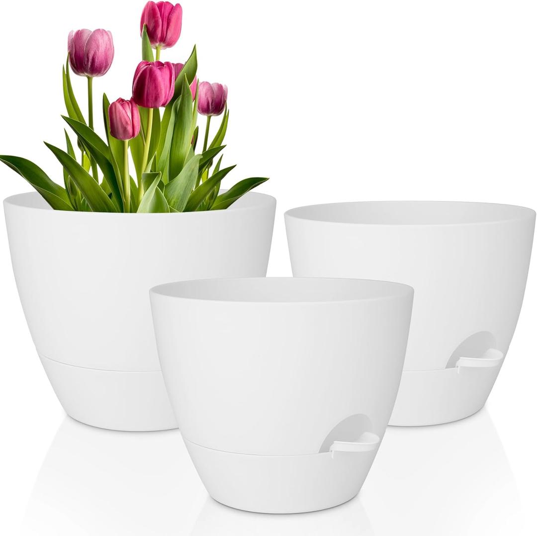 Plant Pots 12/10/9 Inch Self Watering Pots, Set of 3 Plastic Planters with Drainage Holes and Saucers,Plastic Flower Pots,Nursery Planting Pot for Indoor Out Door Plants(Pure White)