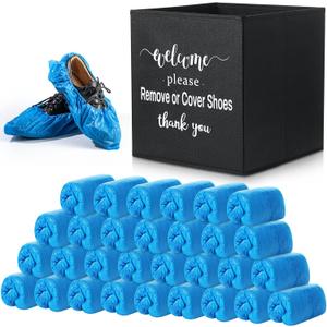 Unittype 300 Pcs Blue Disposable Waterproof Shoe Covers with 1 Pcs Indoor Foldable Storage Box Welcome Please Remove or Cover Shoes Sign for House, Fits up to Size 11 Us Men and 13 Us Women
