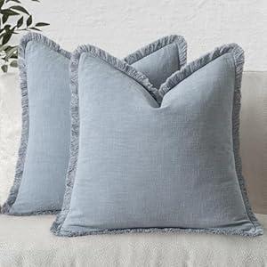 MIULEE Decorative Throw Pillow Covers Neutral Linen Fringe Throw Pillows Set of 2 Light Blue Boho Farmhouse Cushion Covers with Tassels for Couch Sofa Bed Living Room Spring Home Decor 20x20 Inch