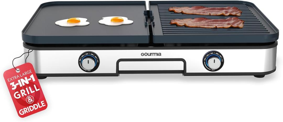 Gourmia 3-in-1 Indoor Grill/Griddle Electric Combo - 250-400F Adjustable Dual Cooking Zones with Removable Nonstick Reversible Ceramic Plates - Non Toxic Dishwasher Safe Countertop Kitchen Appliances