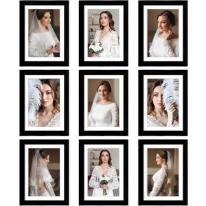 5x7 Picture Frame Set of 9, Display Pictures 4x6 with Mat or 5x7 without Mat, Multi Collage Gallery Square Photo Frames for Wall or Tabletop, Black