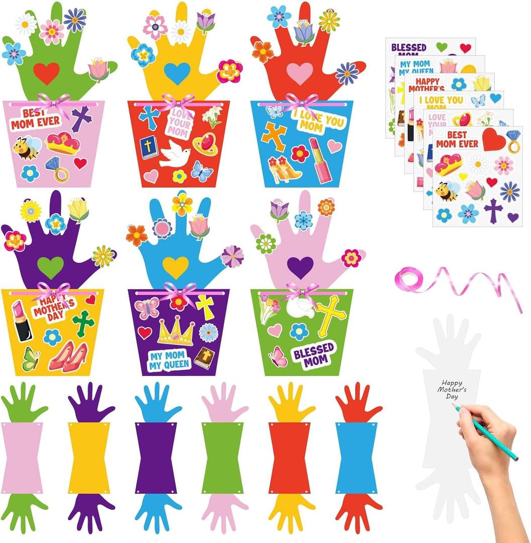 24 Set Mother's Day Craft Kits DIY Handprint Flower Pot Handmade Greeting Card Kits with Ribbon Flowers Stickers Happy Mothers Day DIY Art and Craft Projects Gifts for Classroom Game Home Activities
