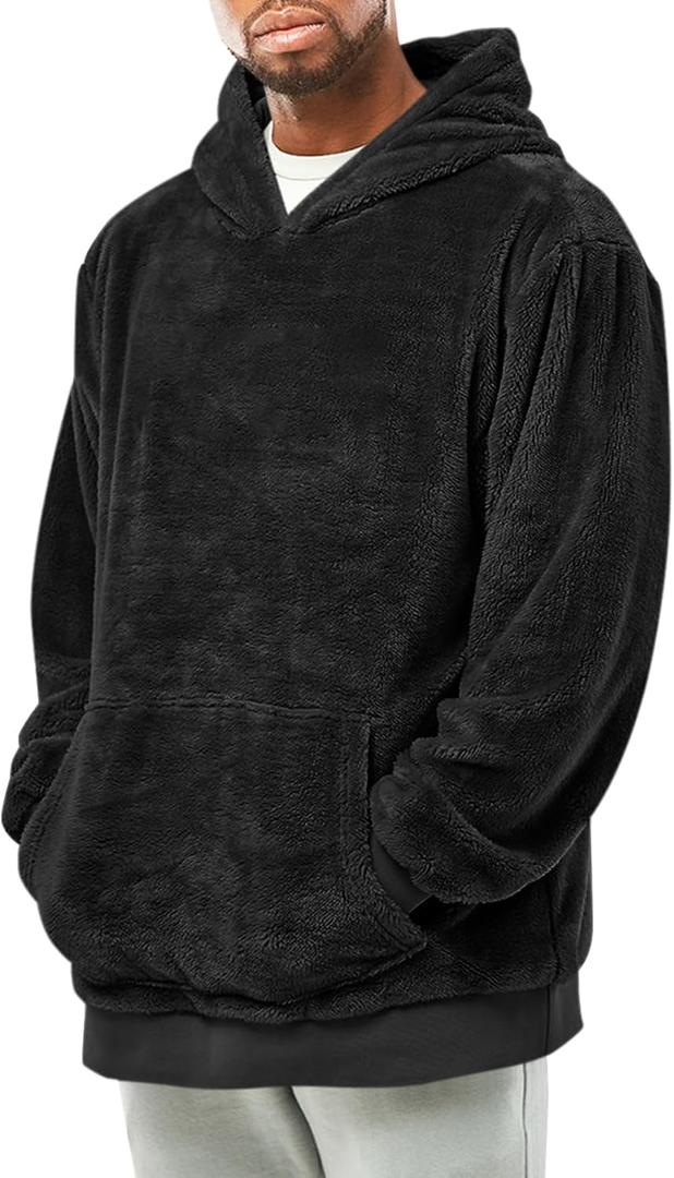 Runcati Mens Fuzzy Sherpa Pullover Hoodie Sweatshirts Long Sleeve Kangaroo Pocket Winter Fall Outwear Hooded (Medium, Black)