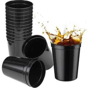 Yungyan 12 Pack 16oz Stadium Cups Reusable Plastic Cups Blank Drink Tumblers for Parties, Events, DIY Projects, 4.5 x 3.54 x 2.72 Inch (Black)