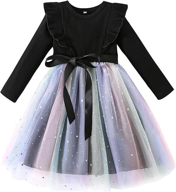 NARPLO Toddler Girls Dresses Tulle Long Sleeve Ruffle Baby Fall Winter Fashion Casual Toddler Dresses for Girls( Size 100), A Line Black 
