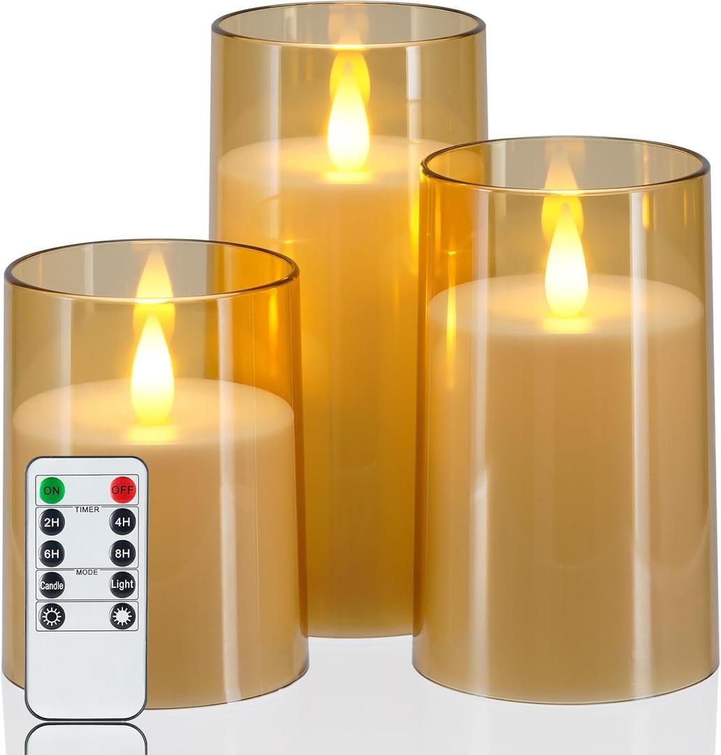 Homemory Realistic Flickering Flameless Candles, Battery Operated Candles with Remote Control and Timer, LED Fake Electric Candle for Home, Christmas Decoration, Gold, Set of 3 (D3"xH4"5"6")