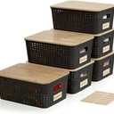 Small Plastic Storage Bins with Bamboo Lids 5.2qt Stackable Box Basket Pantry Decorative Containers Cute with Lable for Organizing Desktop Closet Office Black of 6 packs 10 * 7.2 * 4.1'