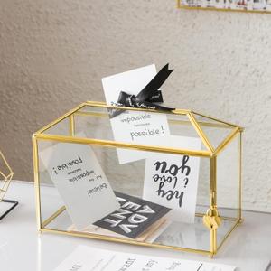 Glass Wedding Card Box with Slot, 12.6 inch Large Clear Card Box Gold Brass  Storage Box with Lock for Wedding Receptions, Baby Shower, Birthday Party, Bridal Shower