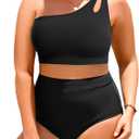 Tempt Me Plus Size High Waisted Bikini Set for Women Two Piece One Shoulder Swimsuit Keyhole Bathing Suits (Black, 20+)