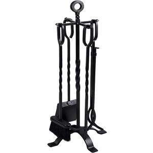 AMAGABELI GARDEN & HOME 5 Pieces Fireplace Tools Set Indoor Wrought Iron Fire Place Pit Large Poker Wood Stove Log Firewood Tongs Holder with Handles Modern Black Outdoor Accessories Kit, Black 