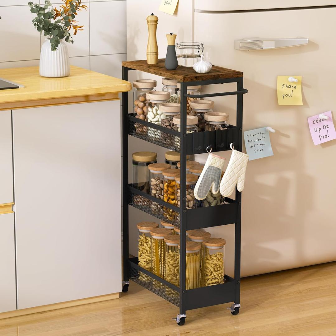9.1" Wide Slim Rolling Utility Cart, 4 Tier Metal Narrow Storage Cart with Handle and Wood Top, Multifunctional Small Mobile Shelf Unit Organizer Trolley for Laundry, Bathroom, Kitchen (Black)