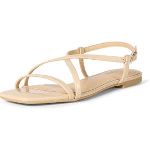 Amazon Essentials Women's Flat Strap Sandals (9.5, Beige Patent)