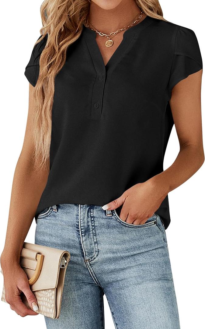 Blooming Jelly Women's Dressy Casual Tops Business Work Blouses White Button Down Shirts Cap Sleeve V Neck Tshirt (XX-Large, Black)
