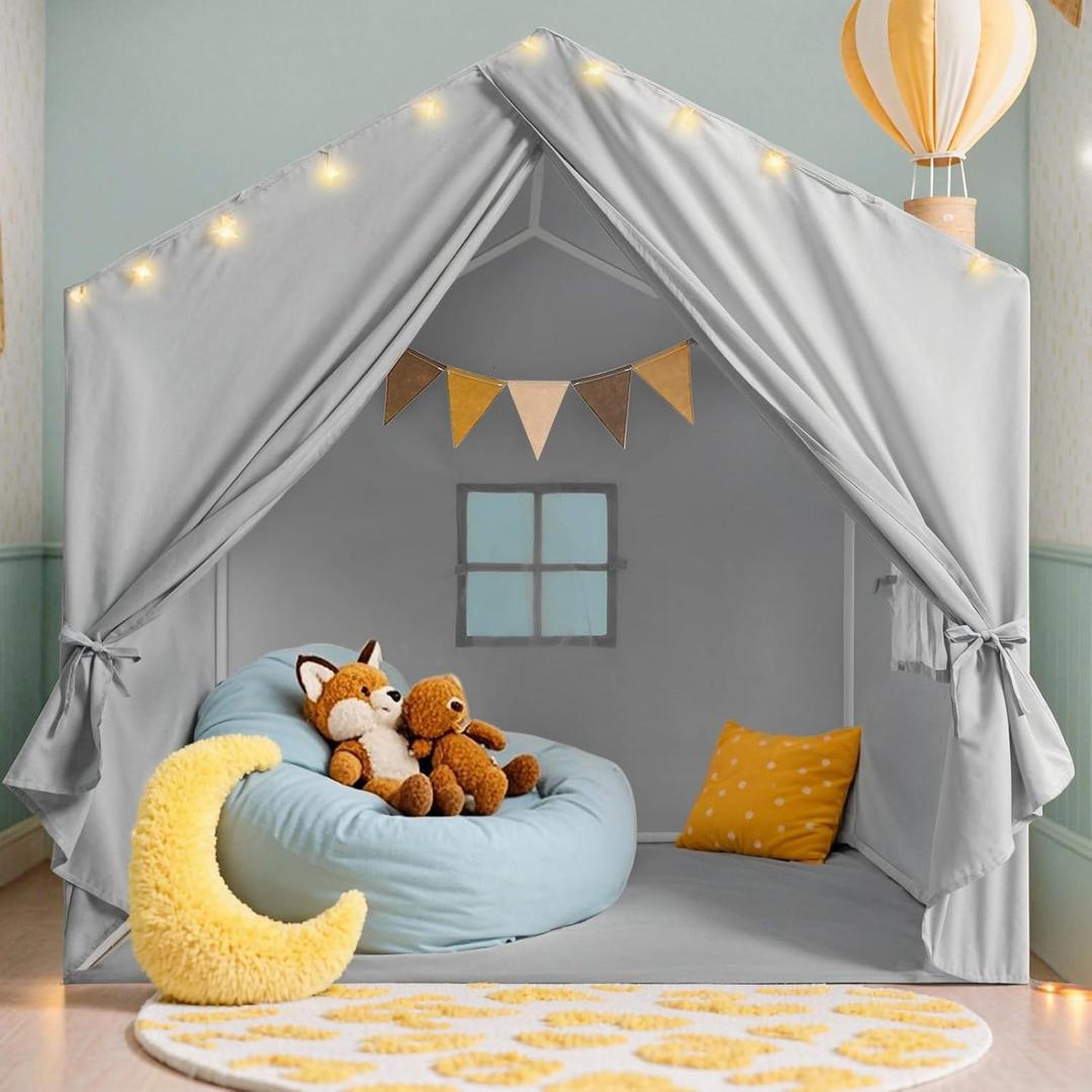 Kids Tent, Play Tent with Star Lights, Large Play Tents with 2 Windows, Kids Playhouse Indoor & Outdoor, Reading Nook, Christmas Toddler Tents for Girls & Boys, 52" x35" x 51", Gray