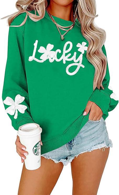 FAYALEQ Women St Patrick's Day Sweatshirt Sequin Shamrock Pullover Irish Sweatshirt Crewneck Long Sleeve Top Black (Black, XXL)