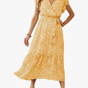 PRETTYGARDEN Women's Summer Floral Boho Maxi Dress Wrap Short Sleeve V Neck Ruffle A-Line Flowy Wedding Guest Long Dresses M