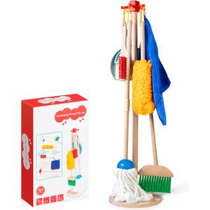Wooden Kids Cleaning Set for Toddlers,8 Pieces Montessori Cleaning Toys with Kids Broom and Mop Set, Housework Pretend Play Toy Gift for Boys Girls Ages 3+