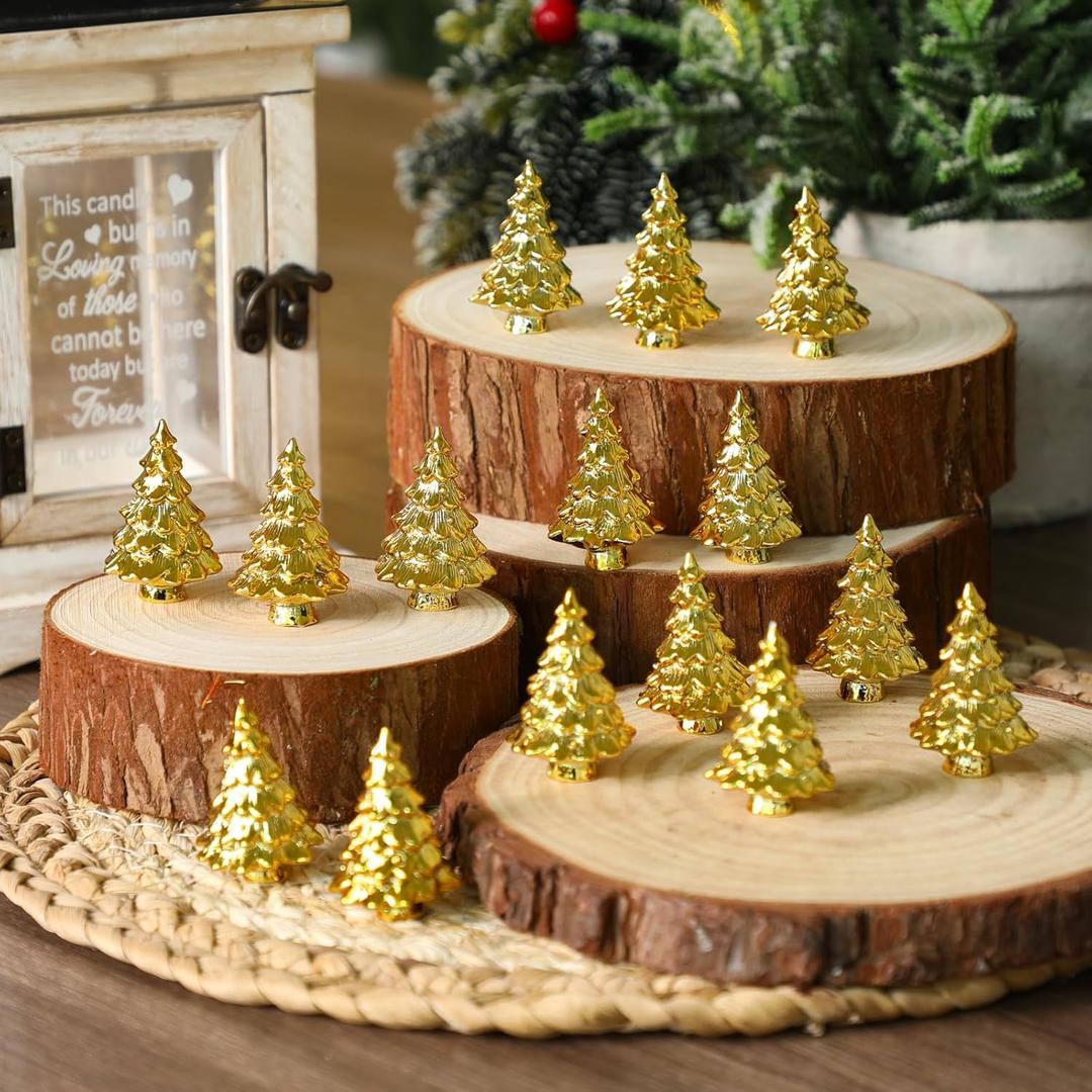 Soulchen 50 Pcs Mini Christmas Tree Figurines Gold Resin Miniature Christmas Statue Micro Tabletop Mantel Shelf Centerpieces Garden Landscape Dollhouse Cake Decoration DIY Craft Charms for Party Gift