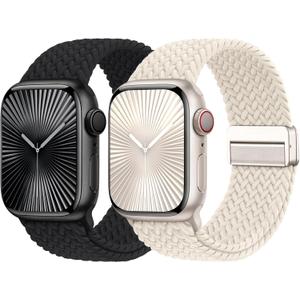 Braided Stretchy Bands with Magnetic Clasp Compatible for Apple Watch Band 38mm 40mm 41mm 42mm 44mm 45mm 46mm 49mm Women Men, Nylon Sport Solo Loop for iWatch Series 11 10 9 8 7 6 5 4 3 Ultra 3 2 1 SE (Black/Starlight)