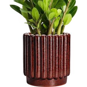 Ceramic Pots for Plants - 7.6 Inch Indoor Planter, Decorative Plant Pots with Drainage Hole, Fluted Ceramic Flower Pots, Round Planter Outdoor, Patio Decor, Gifts for Plant Lovers, Red (Leopard Print Red)