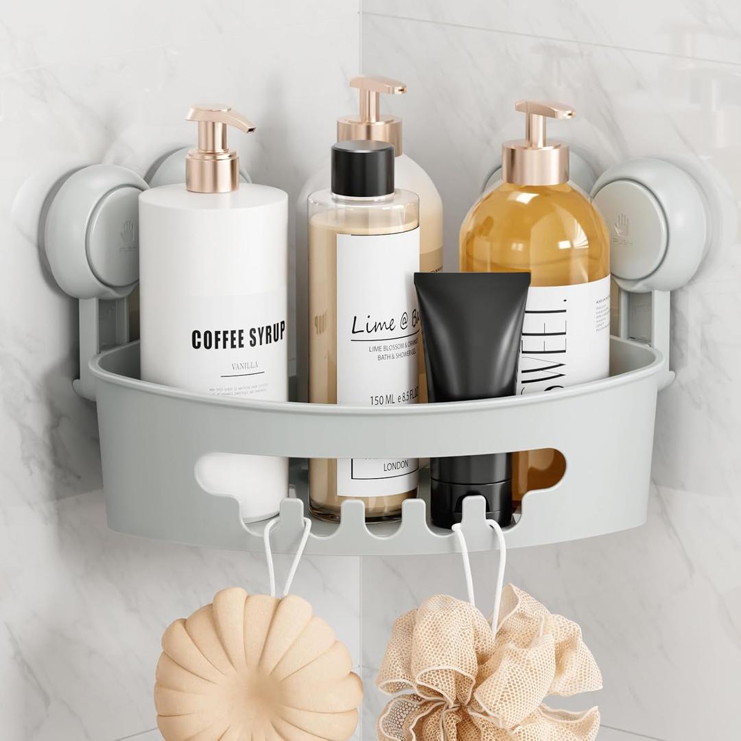 TAILI Corner Shower Caddy with Suction Cups, Wall Mounted Organizer Plastic Rack for Small Bathrooms, Kitchen, Removable Drill-Free Heavy Duty Shelf Basket, Grey