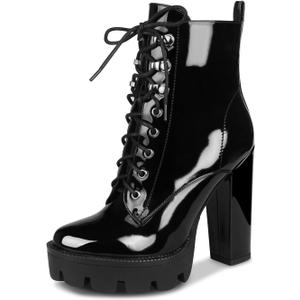 wetkiss Platform Boots for Women, Heeled Combat Boots Chunky Heel Booties Round Toe Lace Up High Heel Ankle Boots (9.5, Patent Black)
