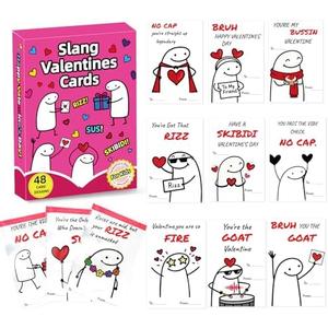 Jamuss Slang Valentines Day Cards for Kids, 48 Pack Valentine Cards for Kids Classroom School, Funny Slang Greeting Cards for Boys Girls Classroom Prizes Exchange Gifts