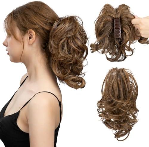 CJL HAIR Claw Clip Short Ponytail Hair Extensions DIY Bendable Metals Messy Bun Hair Piece for Wonen Wavy Curly Synthetic Fake Hairpieces Dark Brown/Golden Blonde
