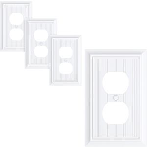 4-Pack Classic Beadboard Duplex Outlet Cover Plate, Decorative Pure White Switch Plates and Outlet Covers, Natural Bamboo Fiber Wall Plates for Electrical Outlets, 1 Gang Receptacle Cover
