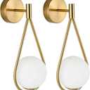 Mid-Century Modern Wall Sconces Set of 2, Gold Wall Sconce with Milky White Glass Globe Shade, Brushed Brass Globe Wall Light for Bathroom Bedroom Hallway