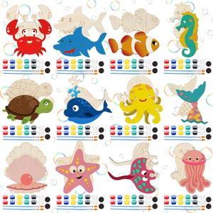 JellyArch 24 Pcs Under The Sea Party Favors Ocean Animals Unfinished Wood Cutouts Paint Kit Set and DIY Crafts Mermaid Shark Birthday Party Decorations Stuffers Gifts Prizes for Classroom School Home