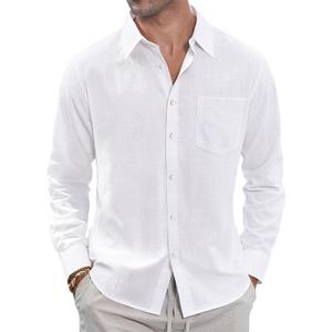 J.VER Men's Linen Shirts Casual Button Down Long Sleeve Shirt Solid Spread Collar Summer Beach Shirts with Pocket (White, 4XL)