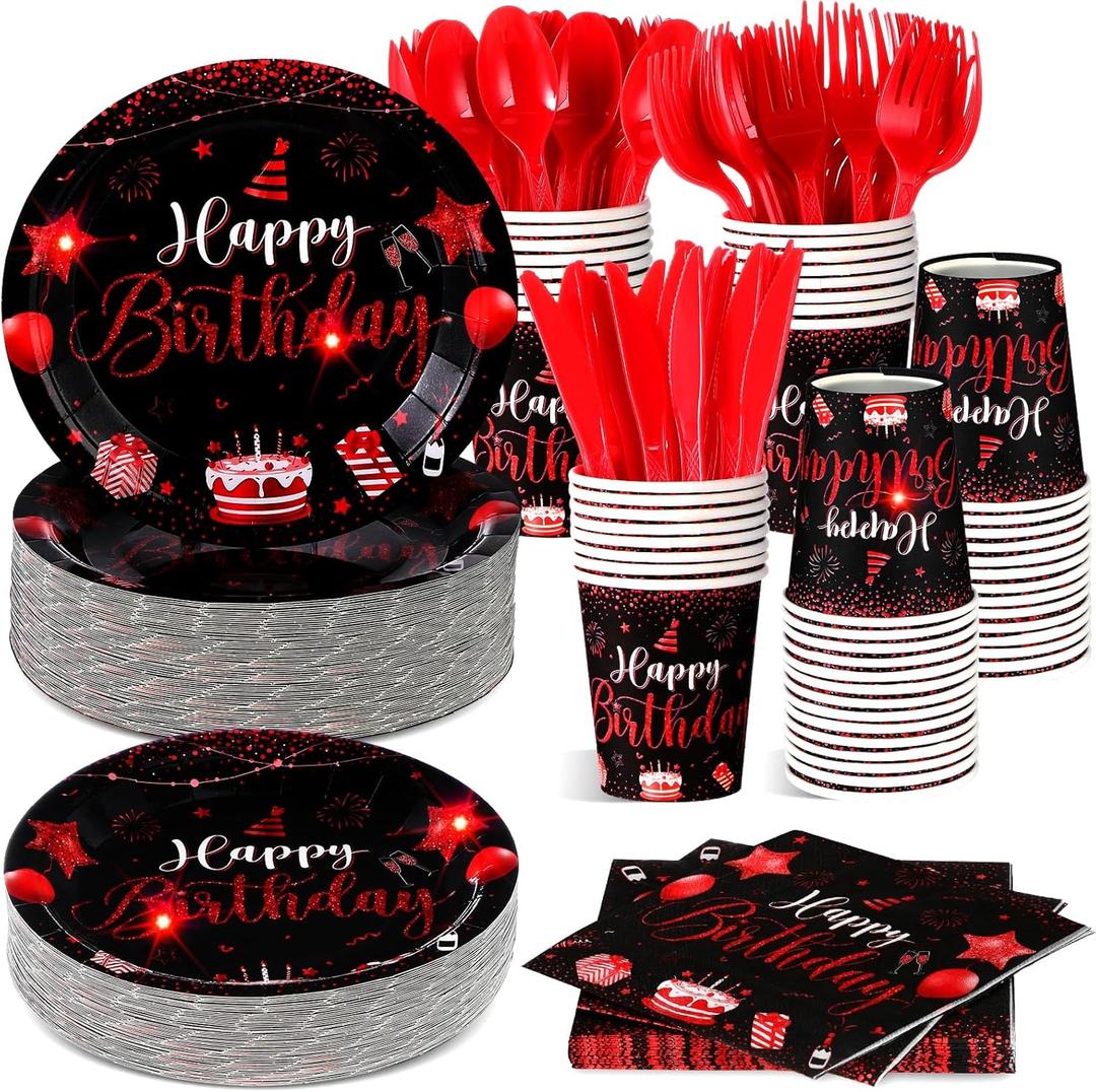 Vesici 350 Pcs Happy Birthday Party Supplies Disposable Party Tableware Set Serves 50 Included Plates Napkins Cups Cutlery for Men Woman 50th 80th Birthday Party Decorations (Black Red)