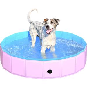2025 Updated Foldable Dog Pool, 39.5" x 12" Kiddie Pool with Hard Plastic, Non-Slip Dog Bath Tub for Outdoor Backyard, Collapsible Dog Swimming Pool for Kids Dogs Pets (Pink)